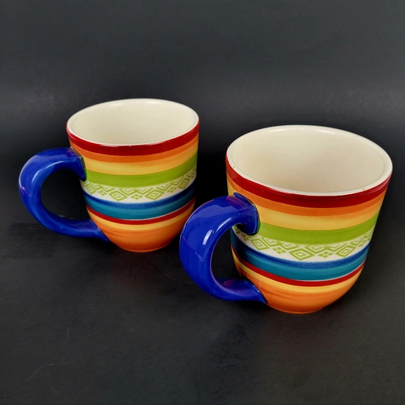 Pier 1 One Imports Coffee Mugs~Feliz Stripes~Handpainted Ironstone~Set of 2 - Picture 1 of 11